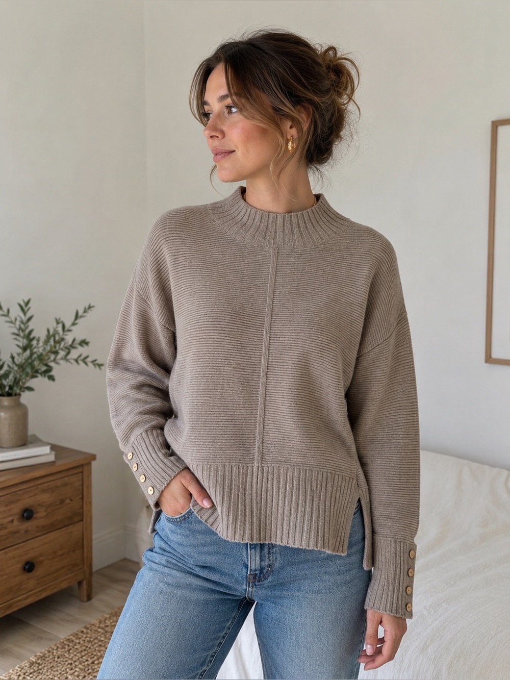 Tan Sweater with Button Cuffs